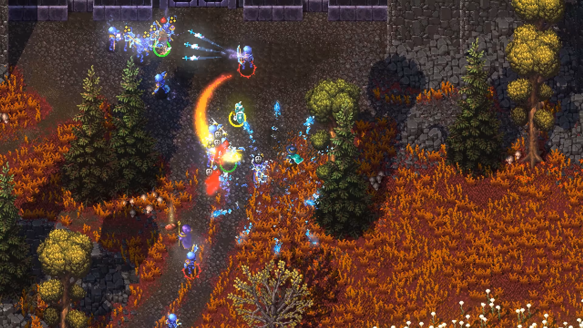 Captura de tela isométrica do jogo Hammerwatch II, mostrando uma cena de combate com personagens detalhados em meio a vegetação outonal e efeitos de ataques mágicos luminosos.