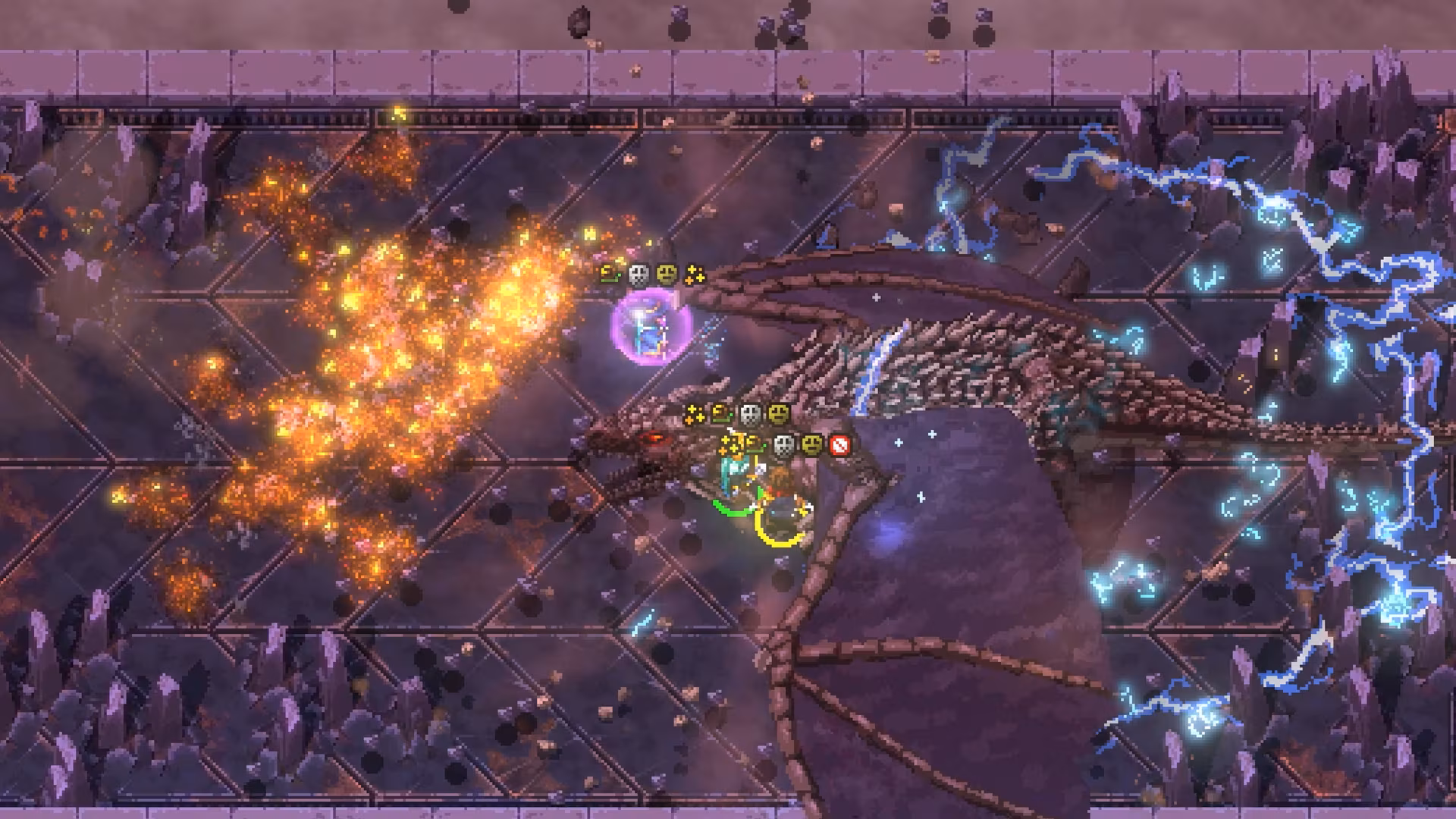 Captura de tela do jogo Hammerwatch II mostrando um dragão em combate, cercado por personagens e efeitos visuais de fogo e eletricidade.