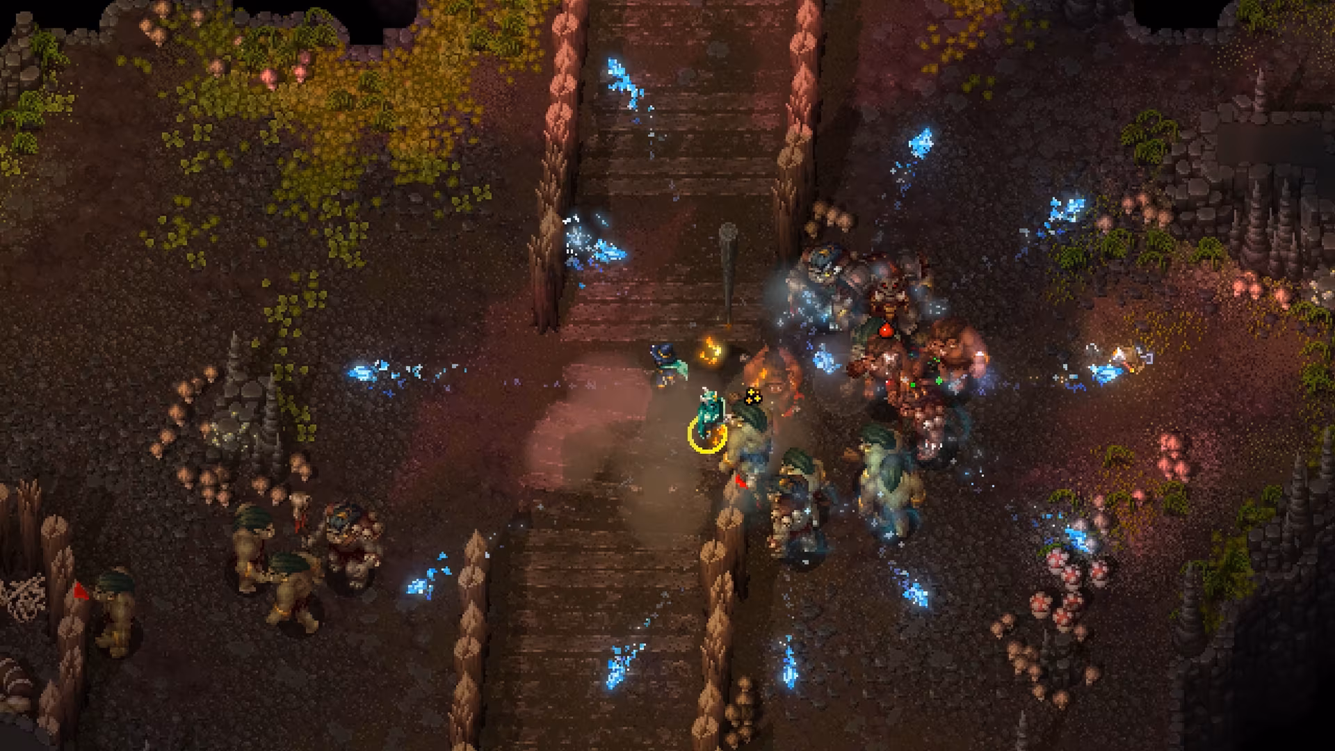 Hammerwatch II tem visão aérea, personagem vestido de verde está cercado por vários monstros em uma ponte de madeira, com efeitos de luz azul e vermelha indicando combate.