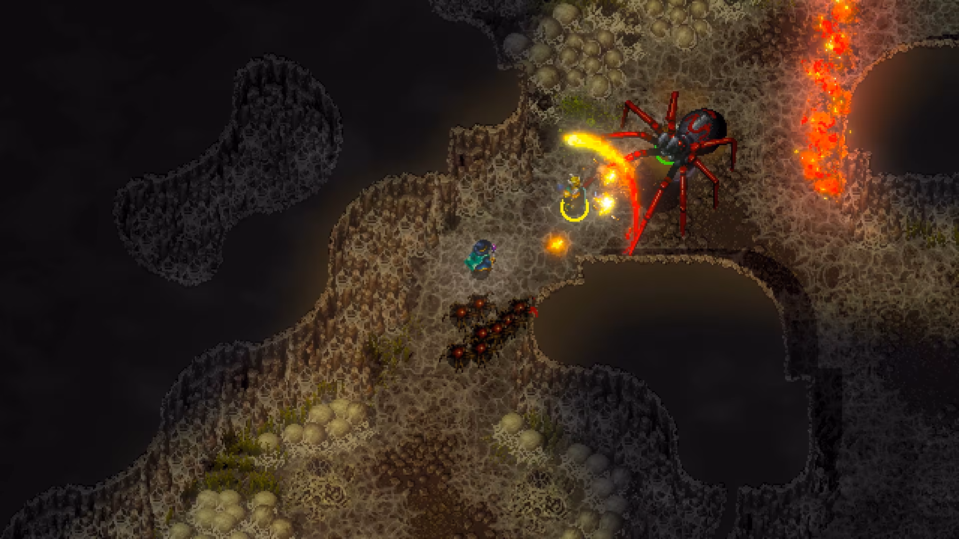 Em Hammerwatch II, o personagem mago vestindo vestes azuis enfrenta uma aranha gigante vermelha e preta enquanto outro personagem, envolto num círculo mágico amarelo, está mais próximo da aranha, com efeitos de fogo e faíscas espalhados pelo campo.