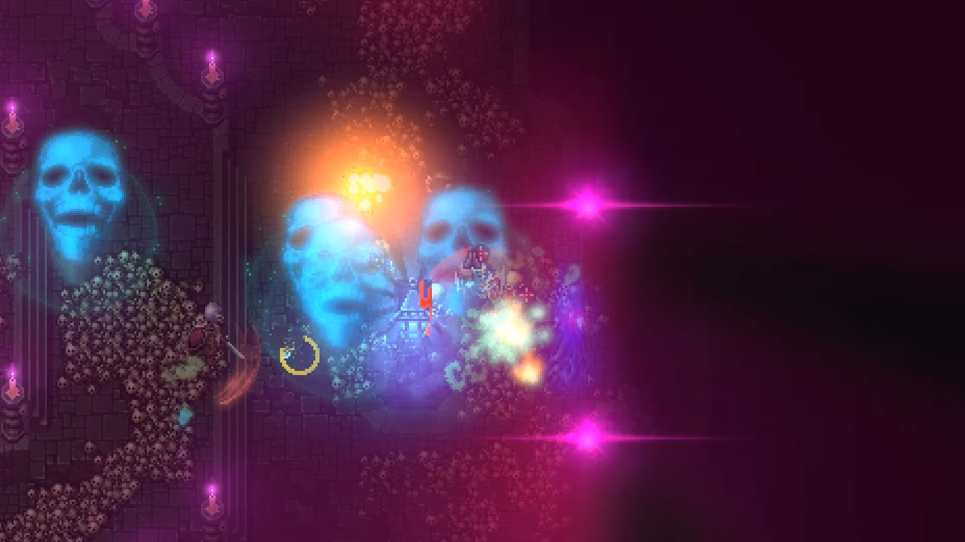 Captura de tela do jogo Hammerwatch II, mostrando uma área escura com paredes de pedra e velas roxas, onde guerreiros estão lutando em meio a grandes crânios azuis translúcidos, feixes de luz coloridos e uma pilha de caveiras no chão.