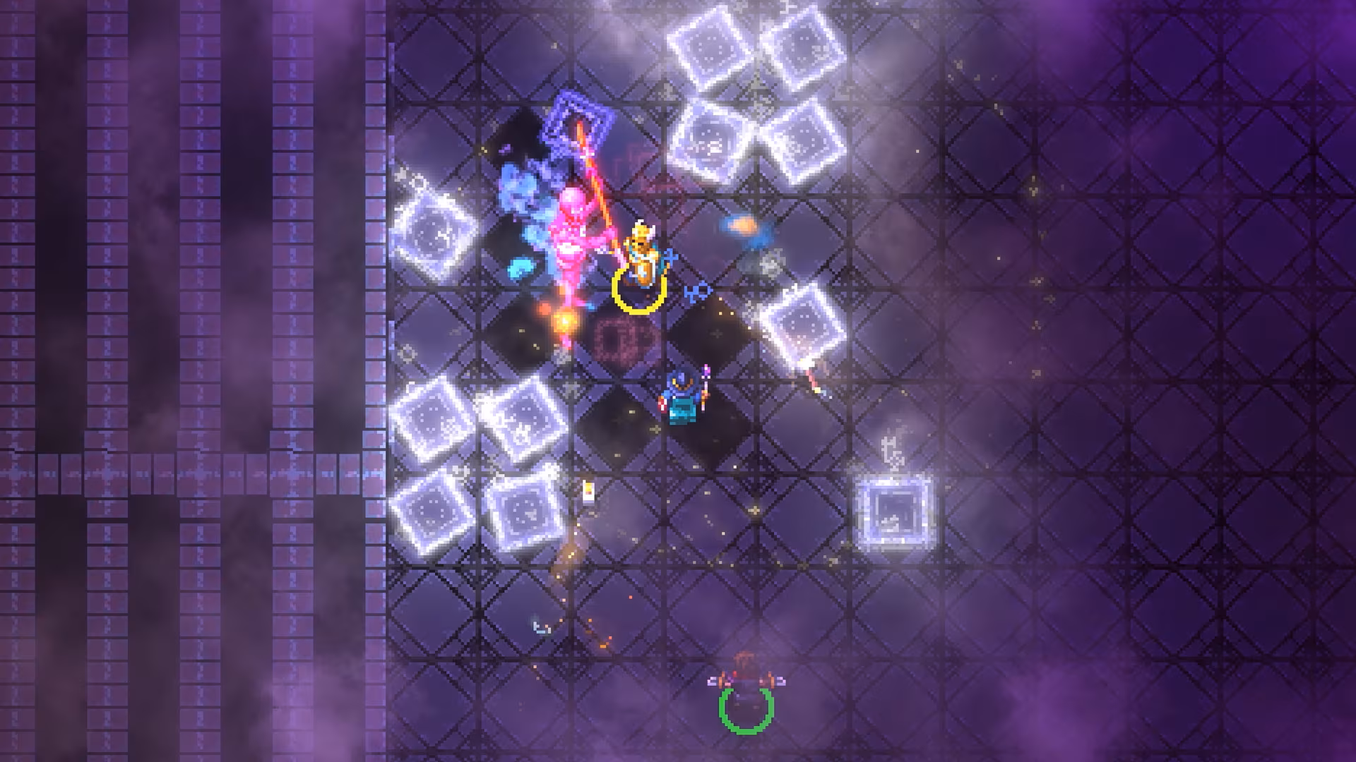 A cena mostra um videojogo com vários personagens e projéteis em um campo com padrão de grade preto e quadrado, sob uma iluminação magenta e azul. Um personagem, vestindo vestes coloridas e uma coroa, posiciona-se perto do centro sob os olhares de um inimigo rosa empunhando uma arma de feixe vermelho, enquanto um personagem azul com um chapéu mágico está mais abaixo. Uma miríade de blocos azuis flutuam no ar ao redor, adicionando à atmosfera dinâmica do jogo. No canto inferior, outro personagem aguarda com um marcador de objetivo verde.