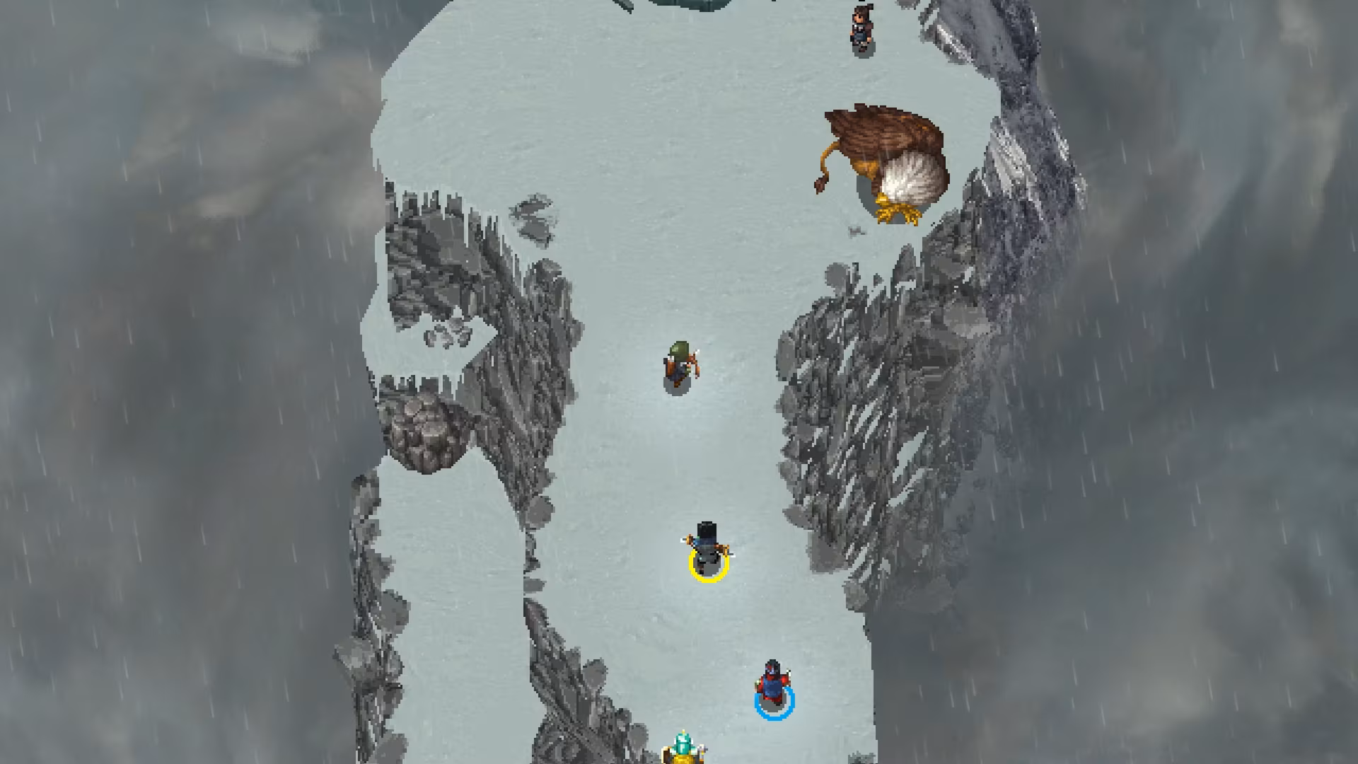 Captura de tela do jogo Hammerwatch II, mostra um grupo de personagens a caminhar num caminho coberto de neve nas montanhas, onde uma criatura quimera, com corpo de leão e cabeça de águia, está presente.