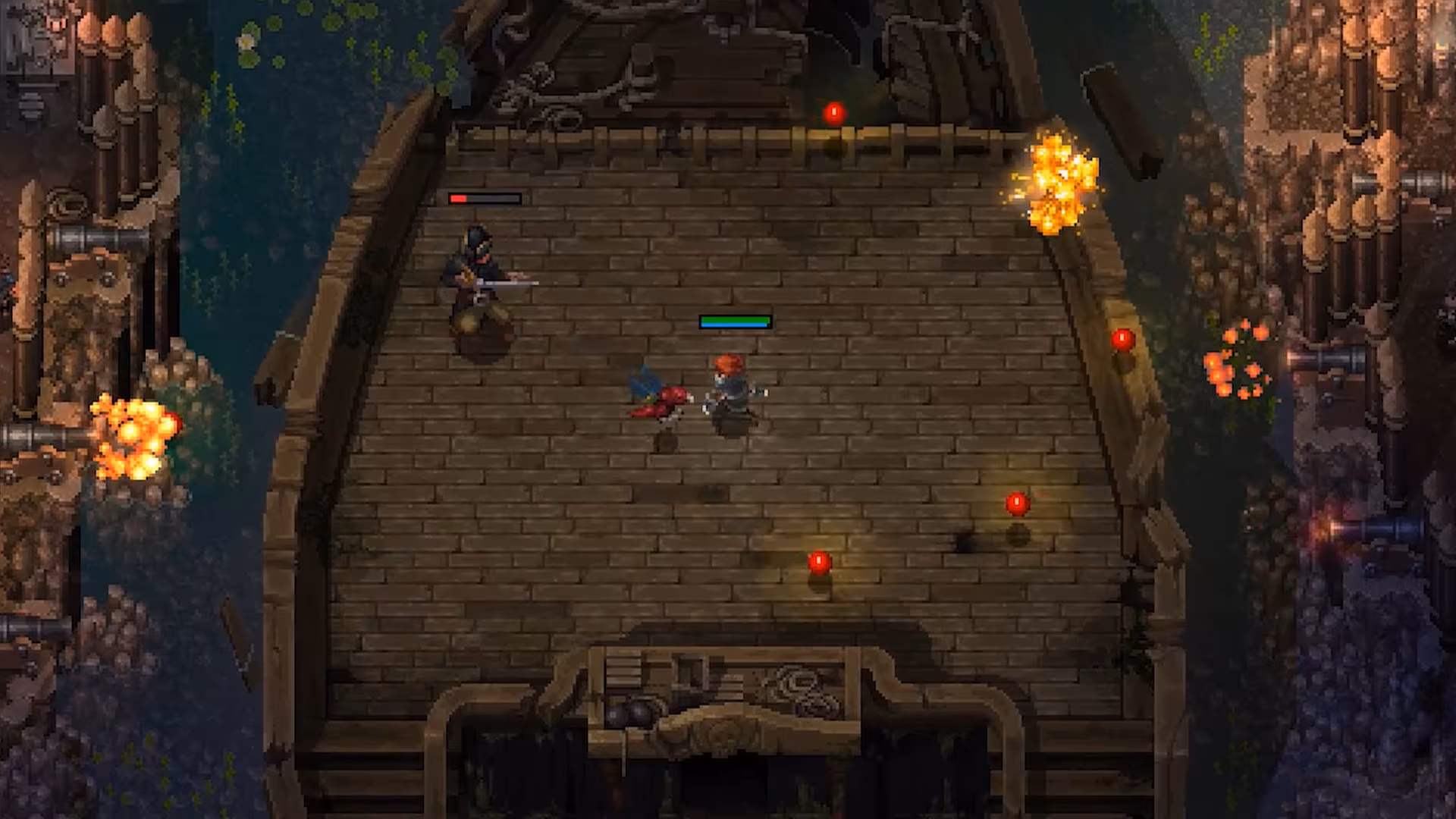 Captura de tela de Hammerwatch II, mostrando estilo pixelado de um navio de madeira com personagens jogáveis enfrentando inimigos, acompanhado de efeitos visuais de canhões disparando e explosões.