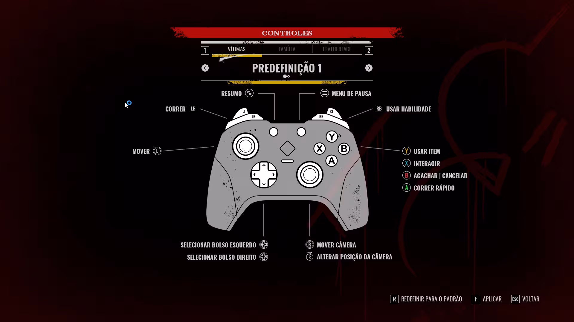 Tela de configuração de controle em The Texas Chain Saw Massacre. A imagem exibe a tela de controles do jogo, mostrando um controlador com os botões mapeados para diferentes ações, como mover, correr, usar item, interagir, agachar/cancelar e correr rápido, com legendas explicativas em português.