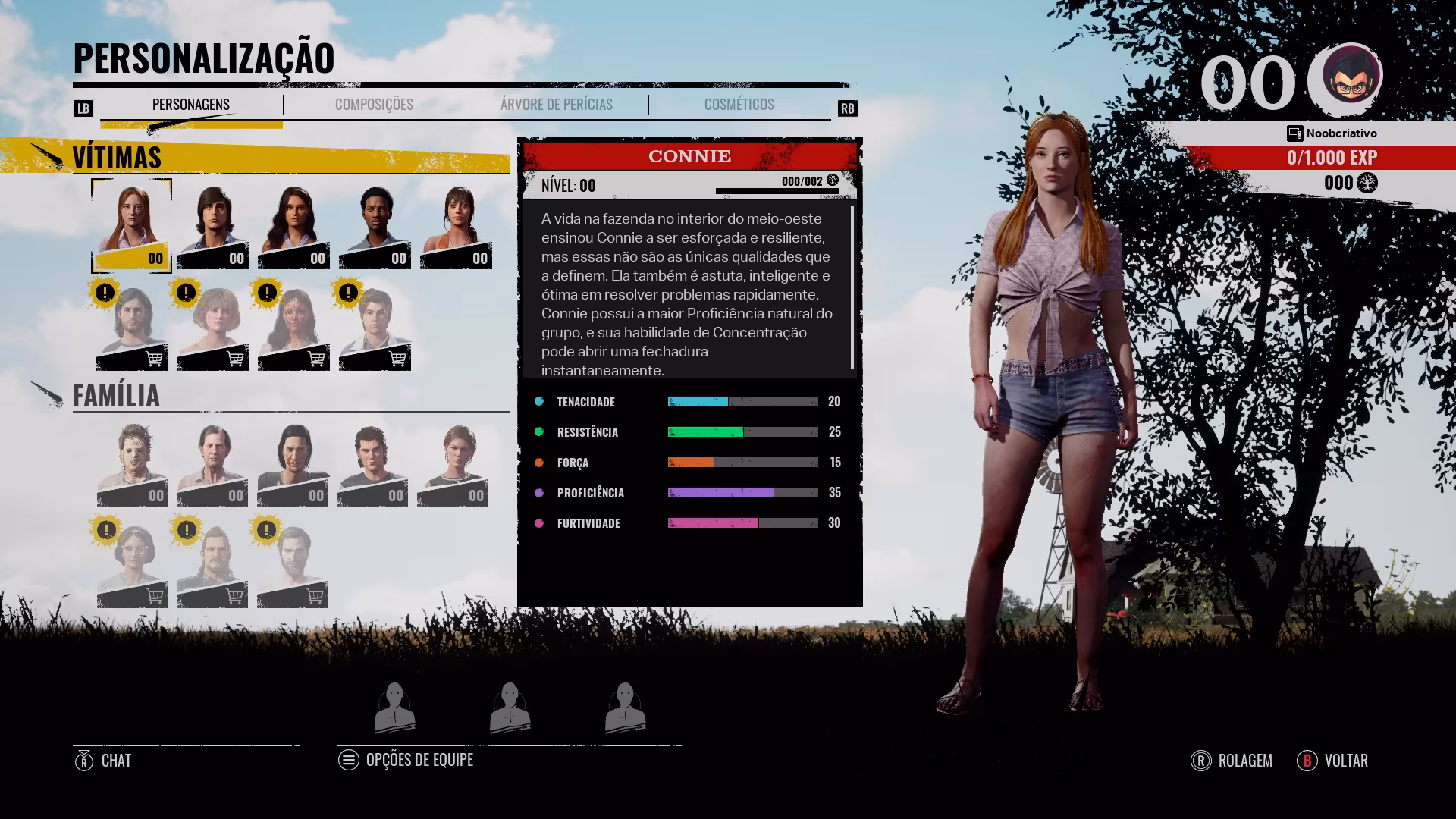 Captura de tela do menu de personagens do videojogo The Texas Chain Saw Massacre, mostrando as personagens disponíveis, com foco na personagem "Connie", exibindo informações sobre as suas habilidades e estatísticas.