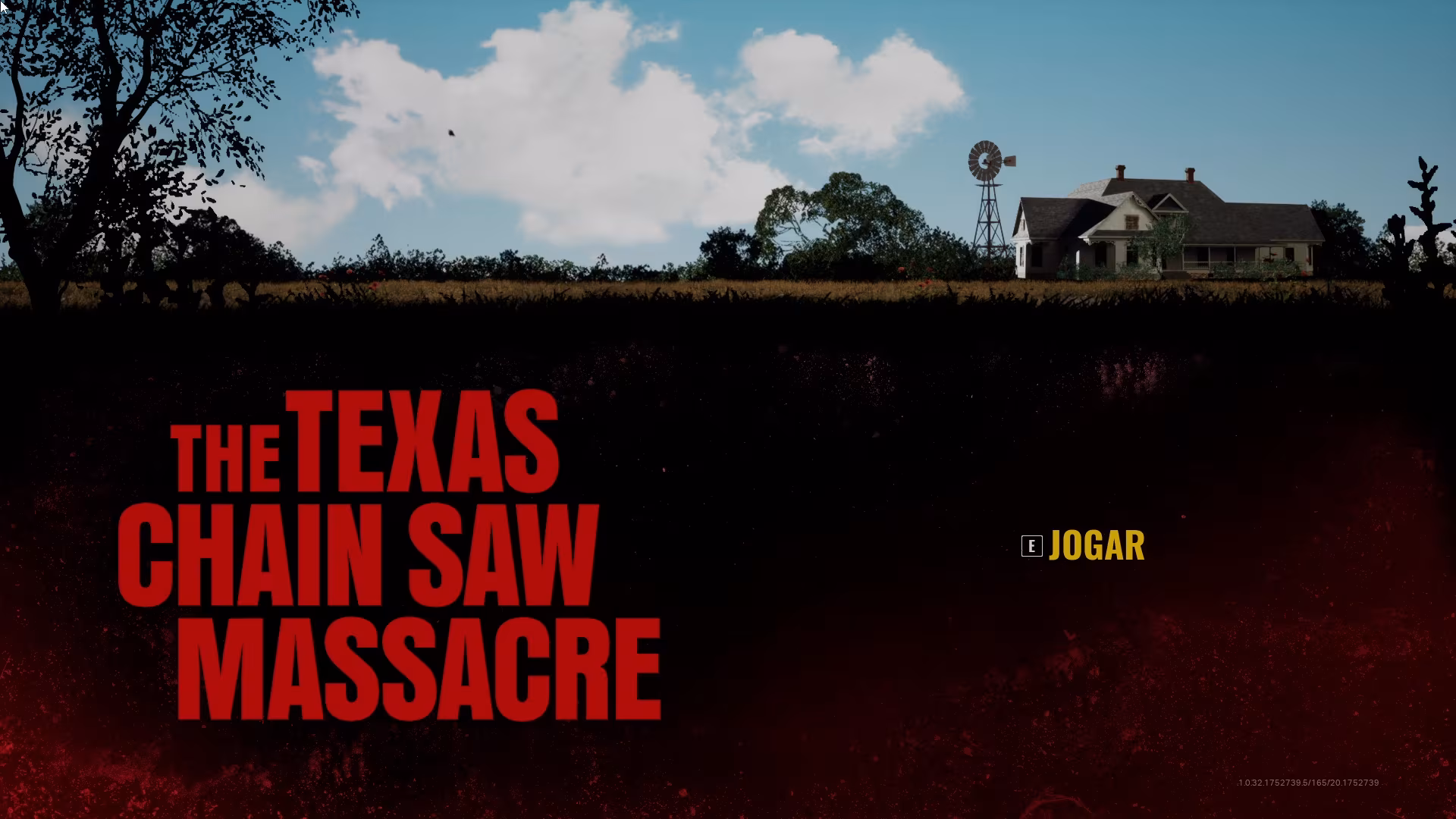 Cartaz promocional para o jogo "The Texas Chain Saw Massacre", apresentando uma casa de campo com um moinho de vento ao longe, sob um céu azul salpicado de nuvens brancas. As letras em vermelho do título do jogo estão em primeiro plano, com um convite em amarelo para "JOGAR" ao lado.