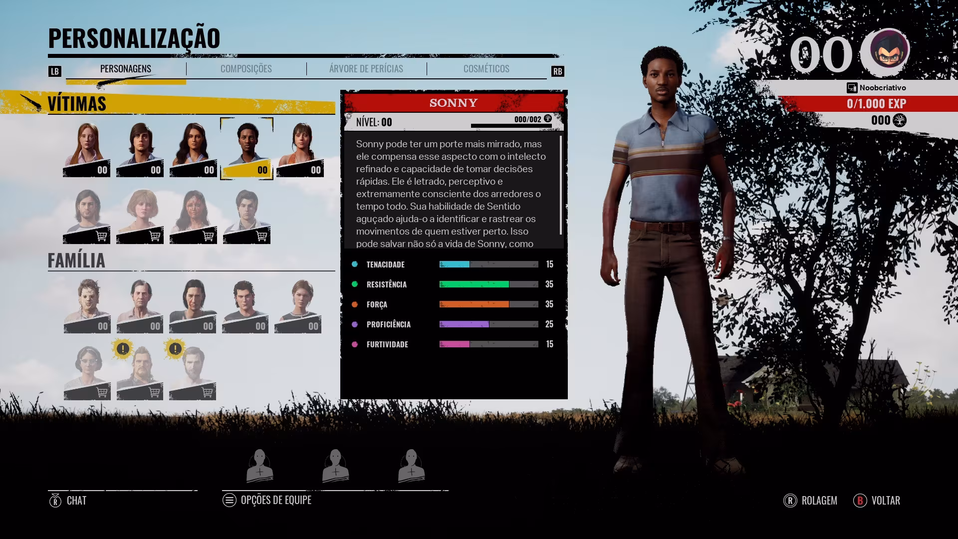 Interface de personalização em um videogame, mostrando o personagem Sonny com gráficos de estatísticas e outros jogadores selecionáveis ao lado no jogo The Texas Chain Saw Massacre.