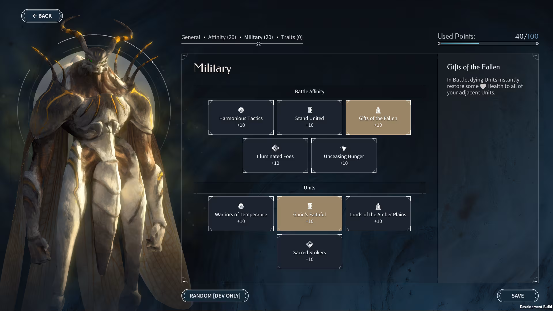 Tela de customização do jogo Endless Legend 2. Um personagem a esquerda da tela com uma vestimenta com tonalidade branca sendo predominante no traje e a direita a classe da facção que é militar e os botões de customização