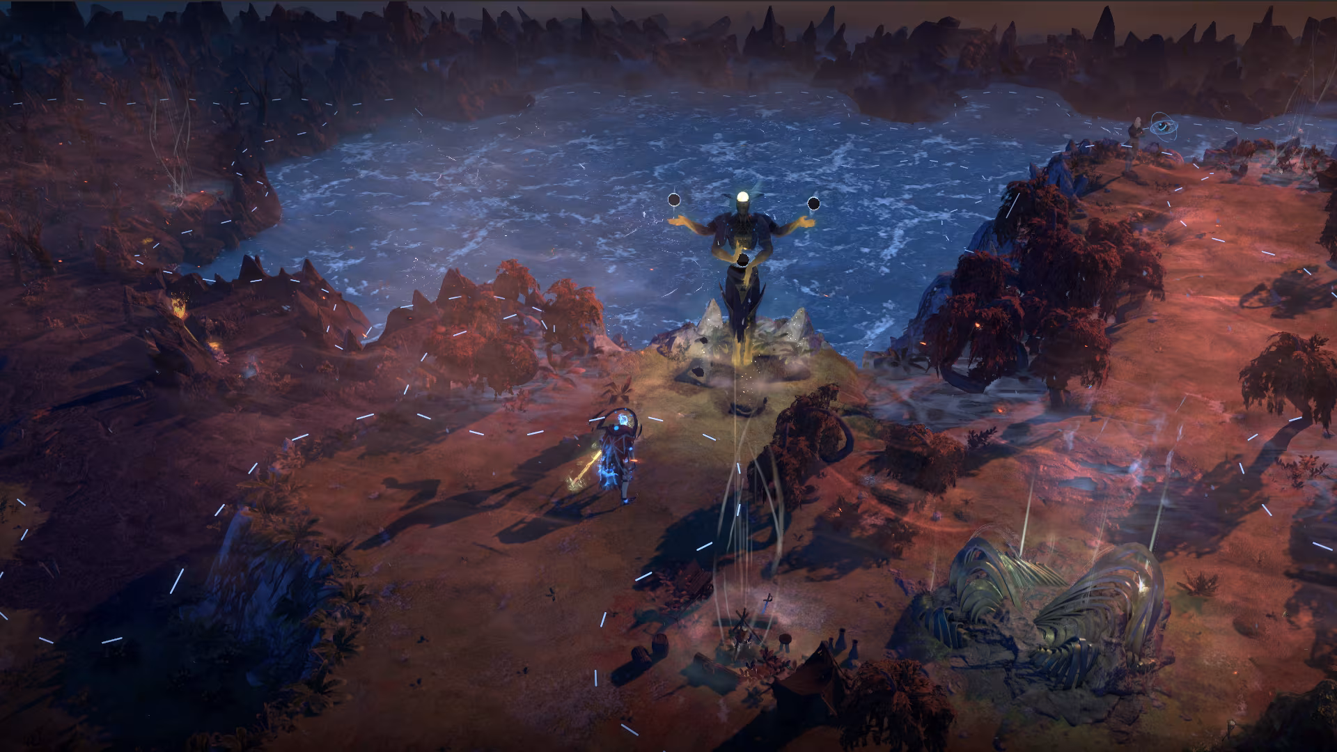 Ambiente sombrio com tonalidade avermelhada, ao centro da imagem surge o Guardião das Profundezas em Endless Legend 2.